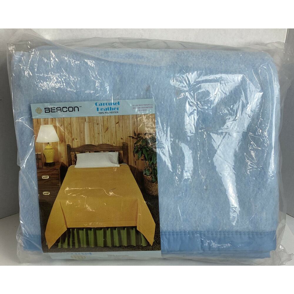 Vintage Beacon Blanket Carousel Heather Nylon Trim Binding Blue‎ Twin/Full New
